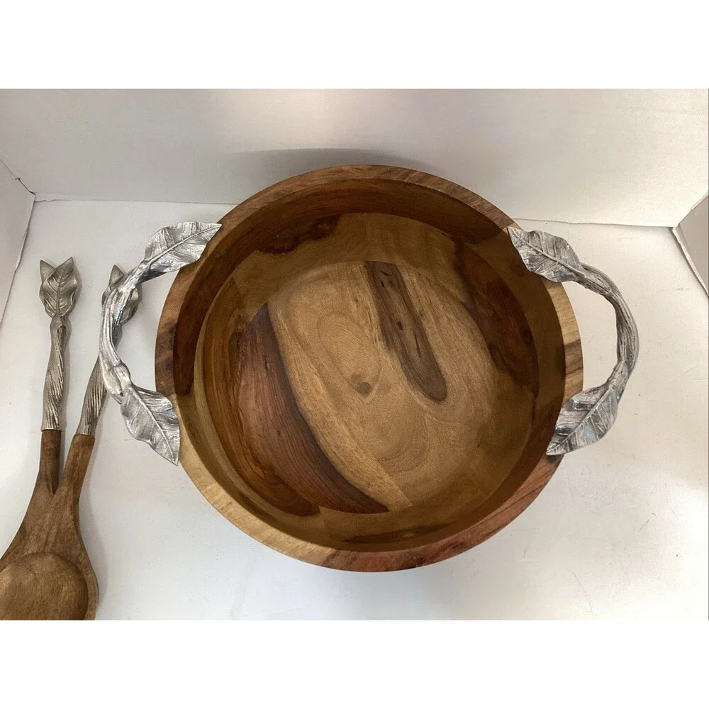 wooden bowl w/ ornate metal leaf branch handles matching spoons 12” diameter